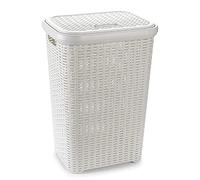 TIENDA EURASIA - Cesto Ropa de Plastico con Tapa y Acabado Diseño Mimbre, Cubo Ropa Sucia con Tapa, Cesta Ropa Sucia Mimbre de Tamaño 62 x 44 x 35 cm (Blanco)