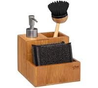 TIENDA EURASIA® Dosificador Estropajero de Bambú - Dispensador de Jabón + Cepillo + 2 Estropajos - 13,50 x 12 x 20 cm