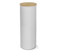 TIENDA EURASIA - Escobillero de Metal con Tapa de Bambu, 2 Colores, Portaescobilla de Inodoro, 9,5x9,5x27,2 cm, Metal, Plástico y Bambú, Escobilla 34 cm, para Limpieza del Baño (Escobillero Blanco)