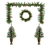 TIENDA EURASIA - Guirnalda, Corona y 2 Árboles de Navidad para la Entrada | Abeto Artificial | Color Verde, Rojo y Dorado | Corona 50x50cm Guirnalda 2,70 m Árboles 88 Ramas con Macetero 90 cm de Alto