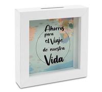 TIENDA EURASIA - Hucha de Madera | Cuadrada | Blanco | Madera y Acrílico Transparente | 11x11x14.5 cm | Huchas Originales (El Viaje de Nuestra Vida)