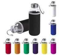 TIENDA EURASIA® Pack de 2 Botellas de Agua Cristal con Funda de Neopreno, 420 ml de Capacidad, con Tapon a Rosca y Cinta de Transporte, Bidon perfecto para Colegio, Camping, Ejercicio, Color Negro
