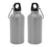TIENDA EURASIA® Pack de 2 Botellas de Agua en Aluminio de 400 ml, con Tapón de Seguridad y Mosqueton Metalico de Transporte, Cantimplora para Camping, Gimnasio, Trabajo, Color Plata