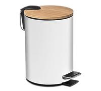TIENDA EURASIA - Papelera de Metal con Tapa de Bambu, 3L, 17x22,5x23,5 cm, Cubo de Basura Pequeño Extraíble, con Pedal, Asa para Transportar, para Baño, Cocina o Escritorio, Blanco