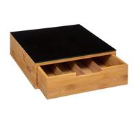 TIENDA EURASIA - Porta Cápsulas de Café con Cajón Extraíble | Soporte de Cafetera con Tabla de Cristal | Estrcutura de Bambú | Medida 30 x 30 x 10 cm | Compatible con Nespresso, Dolce Gusto, Krups