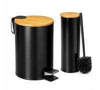 TIENDA EURASIA - Set de Baño Papelera 3L + Escobillero | Metal con Tapa de Bambú | Cubo Interior Extraíble | Papelera con Pedal y Asa para Transportar | Diseño Moderno | para Baño (Negro)