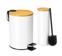 TIENDA EURASIA - Set de Baño Papelera 3L + Escobillero | Metal con Tapa de Bambú | Cubo Interior Extraíble | Papelera con Pedal y Asa para Transportar | Diseño Moderno | para Baño (Blanco)