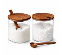 TIENDA EURASIA - Set Salero y Azucarero de Vidrio con Tapa y Cuchara de Madera | Recipientes para Especias y Azúcar | Diseño Transparente | Cocina y Mesa