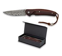 Tiendas LGP - Albainox 18719 Damasco, Navaja acero Damasco. Hoja 7 cm. mango en Madera Natural, forros de acero Inox. Hueco con cordón fiador incluido