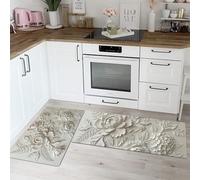Tierra Bendita Peonía E Hortensia Juego de Alfombras de Cocina Antideslizantes de 2 Piezas, Estilo 3D Lujo Tapete Resistente al Aceite Adecuado Blanco para Cocina Baño Sala de Estar - 50x80+50x120cm