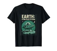 Tierra: un buen lugar para estacionar arte retro del humor espacial OVNI Camiseta