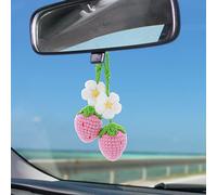 TIESOME 2Pcs Lindo Ornamento de la Fresa Colgante del Coche para la decoración del Espejo retrovisor del Coche, Ganchillo Auto Espejo Accesorios Flor de Punto a Mano decoración del Coche