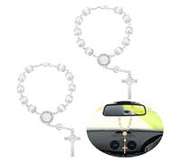 TIESOME 2Piezas de Rosario para el coche, Espejo retrovisor auto rosario bendición católica medalla de coche para camión bicicleta motocicleta coche espejo colgante accesorios decoración (Blanco)