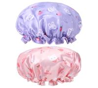 TIESOME Gorros de ducha para niños, 2 gorros de ducha impermeables de doble capa, color rosa y morado, bonitos gorros de conejo, con banda elástica, gorro de satén y EVA suave, gorro reutilizable para