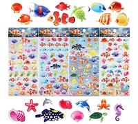 TIESOME Pegatinas 3D de Peces y Animales Marinos para Niños, 4 Hojas de Espuma Bajo el Mar, Varios Pequeños Animales, Peces Tropicales, Tortugas Marinas (Color Océano)