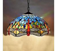 Tiffany Estilo Vintage Vidrieras De Color Azul Oscuro Libélula Lámparas Colgantes, E27 Moderna Cadena De Hierro Luminaria Lámpara Colgante 16 Pulgadas Sala De Estar Pasillo Balcón Luz De Techo
