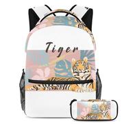Tiger and Tropical Plants Adventure Awaits, mochila con estuche para lápices, juego de 2 piezas, perfecto para estudiantes, niños, niñas y adolescentes, Multicolor#01, B：29.4x20x40cm P：19x7.5x3.8cm,