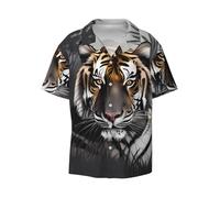 Tiger at Rest - Camisa de manga corta con botones para hombre, cuello cubano, casual, playa, vacaciones, NEGRO, Large-5X-Large