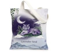 Tiger - Bolsa de lona para mujer, diseño de nubes de luna mística, color violeta, lavable, reutilizable, pequeña, ideas para viajes de compras, oficina, biblioteca, casual, 13 x 15 pulgadas