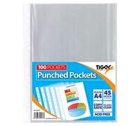 Tiger - Fundas de Poliéster Transparente Resistente A4 con Taladros Múltiples Paquete de 100