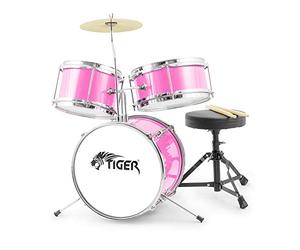 Tiger JDS7-PK - Batería infantil de 3 piezas, color rosa | Set de Batería para Principiantes de 3 Piezas, con Snare, Tom, Bombo, Pedal de Bombo, Platillo, Trono y Baquetas