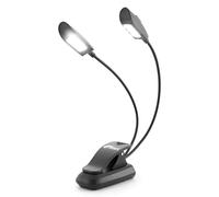TIGER MSL35-6BT Lámpara para atril con doble cabezal y 6 luces LED - con clip con cuello de cisne flexible y ajustes de atenuación de encendido/apagado individuales con pilas o USB/red