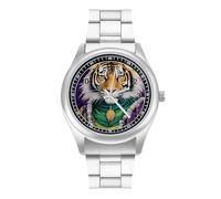 Tiger The King of Mardi and GRAS - Reloj de pulsera de cuarzo personalizado de acero inoxidable con números arábigos para hombres y mujeres