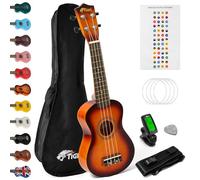 Tiger UKE7 - Ukelele soprano para principiantes, con afinador cromático T-47, correa, bolsa de transporte, púa de fieltro, juego de cuerdas de repuesto, paquete escolar, marrón (Sunburst)