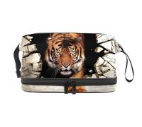Tiger Walk from Destroyed Wall - Neceser de doble capa para mujeres y niñas, neceser de viaje para maquillaje, organizador práctico con compartimento para cepillos, multicolor, 27x15x14