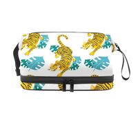 Tigers in The Tropical Leaves - Neceser de doble capa para mujeres y niñas, neceser de viaje, bolsa organizadora de maquillaje con compartimento para brochas, multicolor, 27x15x14 cm/10.6x5.9x5.5 in,