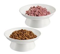 TIGOADT Comederos Elevados para Gatos 2 Piezas, Ancho de 15,3 cm, Cuencos para Gato Ceramica y Poco Profundo con Soporte, Comederos Antivómitos, Destinado a Gatitos y Gatos Adultos (Blanco)