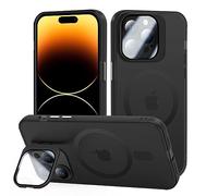 tigratigro iPhone 15 Pro Case with Stand, Compatible mag-Safe with H9 Tempered Glass Camera Protection, Frosted Translucent Backcover, Anti-Fingerprint, Velvet Touch (Graphite Black)
