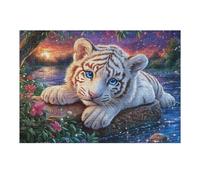 Tigre Blanco acostado en el arbusto de Flores Puzzle 300 Piezas Estera Portátil 3D Flora Rock Meadow Rompecabezas Familiar para Hombres Y Mujeres Aliviar Estrés Decoración Hogar 300 PCS