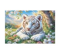 Tigre Blanco acostado en la Hierba Puzzle 1000 Piezas Colorido Vibrante Meadow Flora Rock Rompecabezas para Adultos Obra De Arte Familiar Estera Portátil DIY Creativo 1000 PCS