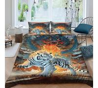 Tigre Blanco ardiente Funda Edredon 3 Piezas 3D Impresa Fantasy Land Animals con Cremallera Y Funda De Almohada King（220x240cm） 100% Microfibra Juego De Cama para