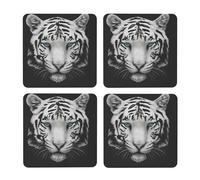 Tigre Blanco de pupila Azul,Posavasos Cuadrados de Corcho MDF, Almohadilla para Tazas, Juego de 4 Posavasos para Bebidas