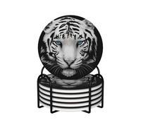 Tigre Blanco de pupila Azul,Posavasos Redondos de cerámica, Almohadilla para Tazas, Juego de 6 Posavasos para Bebidas