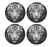 Tigre Blanco de pupila Azul,Posavasos Redondos de Corcho MDF, Almohadilla para Tazas, Juego de 4 Posavasos para Bebidas