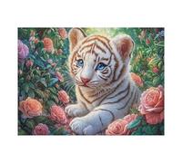 Tigre Blanco en el arbusto de Rosas Puzzle 500 Piezas Desafío Impossible Extremo Flora Rose Meadow Rompecabezas para Adultos Aliviar Estrés Decoración Hogar 3D Maquetas Construir 500 PCS