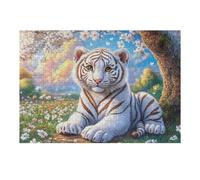 Tigre Blanco en el Campo de Flores Puzzle 300 Piezas Cartón Resistente Meadow Flora Dusk Rompecabezas Familiar para Toda La Familia Juguete Educativo 3D Maquetas Construir 300 PCS