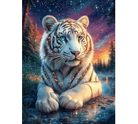 Tigre blanco en un bosque de noche estrellada Puzzle 500 Piezas Cartón Resistente Para Parejas Dibujo Animado de Paisajes de Cuento de Hadas Noches De Cita Actividad Antiestrés Tiempo Libre Pack Compl