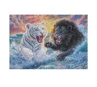 Tigre Blanco y león en un Combate de Olas oceánicas Puzzles 300 Piezas Obra De Arte Decorativa Rompecabezas Familiar para Adultos DIY Creativo Aliviar Estrés Portátil 300 PCS