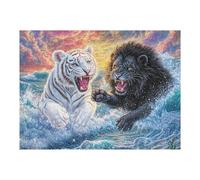 Tigre Blanco y león en un Combate de Olas oceánicas Puzzles 500 Piezas Aliviar Estrés Familiar Rompecabezas para Adultos Desafío Intelectual 3D DIY Creativo Decorativo 500 PCS