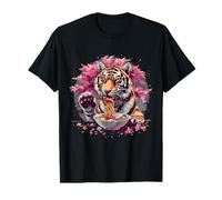 Tigre Comiendo Ramen Sakura Flores Fideos Japoneses Obra De Arte Camiseta