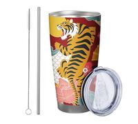 Tigre con tapa y vaso de pajita, diseño de dibujos animados, animales, nube, flor, abanico, gráfico, geométrico, rojo, amarillo, azul, aislado, caliente y frío, sin derrames, patio, picnic, gimnasio