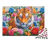 Tigre Entre Rosas. Rompecabezas de cartón 100% Reciclado. Tigre en un Colorido lecho de Flores. 1000 Piezas. Actividad Divertida para Adultos en días lluviosos. 38 x 26 cm / 1000 Piezas.