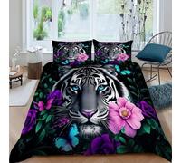 Tigre Flowers Funda De Edrojoón Fierce Animales 3D Antialérgica Microfibra Ropa De Cama De 2 Fundas De Almohada, Niños Niñas, Funda De Edrojoón Dormitorio Super King（260x220cm）