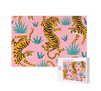 Tigres Bailando sobre un Tigre asiático Rosa con Estampado Animal Dorado, Naranja y Negro.,Rompecabezas de Madera de 300 Piezas, Juego Familiar, Rompecabezas para Adultos, Adolescentes
