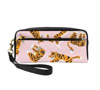 Tigres Lindos Animales de Circo sobre el Fondo Rosa, Bolsa de Maquillaje Bolsa de cosméticos Bolsa de Aseo de Viaje portátil Estuche de Cuero para Mujeres y niñas