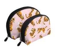 Tigres Lindos Animales de Circo sobre el Fondo Rosa, Bolsa de Maquillaje de Concha, Monedero pequeño para Mujer, Bolsa de artículos de tocador, Bolsa de cosméticos, 2 Piezas